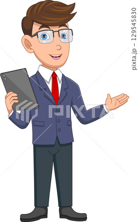 Young businessman holding mobile phone tablet cartoon 129545830