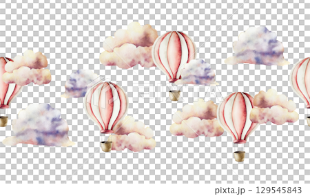 Air clouds seamless border, Air Balloon with basket banner. Watercolor pastel cotton candy. Hand drawn illustration isolated on background. Cartoon night sky. Baby shower design elements. Party Air clouds seamless border, Air Balloon with basket banner. Watercolor pastel cotton candy. Hand drawn illustration isolated on background. Cartoon night sky. Baby shower design elements. Party 129545843