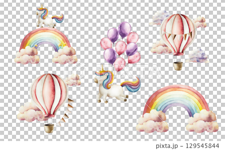 Set with air Balloon, basket and garland with beige flags, rainbow with clouds. Watercolor hand drawn Unicorn with foil red and purple bunch of balloons, summer air clouds isolated on background 129545844