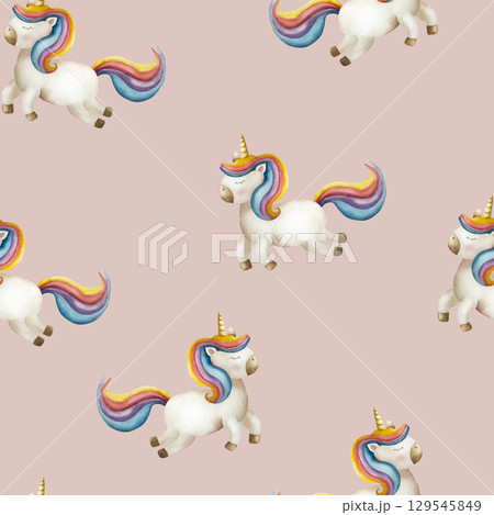 Unicorn seamless pattern. Watercolor hand drawn rainbow magical animal, clipart isolated on background, cartoon horse transparent png illustration. Baby shower greeting cards or childish birthday Unicorn seamless pattern. Watercolor hand drawn rainbow magical animal, clipart isolated on background, cartoon horse transparent png illustration. Baby shower greeting cards or childish birthday 129545849