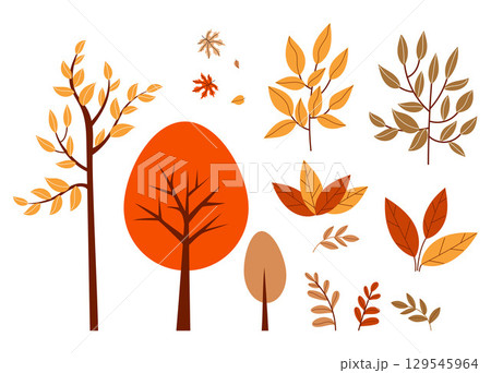 Autumn nature. Colorful Trees, Bushes, Branches and Leaves collection. Isolated Seasonal fall Botanical Elements on White Background. Vector illustration. Not AI 129545964