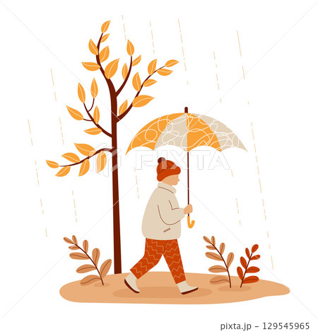 Autumn Child boy with Umbrella Walking in Rain in fall Park. Kids Seasonal Character. Autumnal landscape with yellow tree. Vector illustration. Not AI. Autumn Child boy with Umbrella Walking in Rain in fall Park. Kids Seasonal Character. Autumnal landscape with yellow tree. Vector illustration. Not AI. 129545965