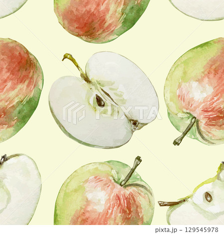 Apples whole and half seamless pattern. Hand drawn watercolor clip art of fresh and juicy fruits. For food and cosmetic packaging design, textiles and paper. 129545978