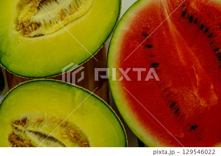 Sliced melon and watermelon close-up 129546022