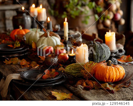 Rustic candlelit harvest table with pumpkins, apples, and foliage 129546145