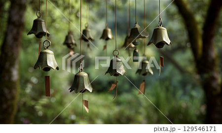 緑豊かな森の中で風に揺れるたくさんの鉄製風鈴。夏の静けさと和の風情を感じさせる風景。 緑豊かな森の中で風に揺れるたくさんの鉄製風鈴。夏の静けさと和の風情を感じさせる風景。 129546171