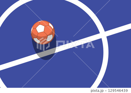 Futsal ball on field, top view, indoor soccer postcard, view from above, vector 129546439