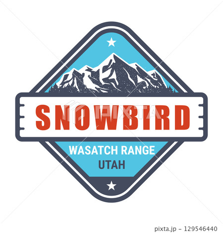 Snowbird ski resort, Utah stamp, emblem with snow covered, Rocky Mountains, vector Snowbird ski resort, Utah stamp, emblem with snow covered, Rocky Mountains, vector 129546440