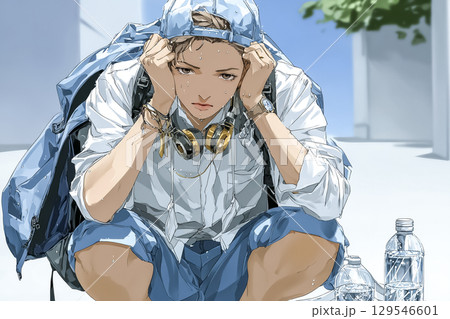熱中症で頭を抱える男子高校生のイラスト素材（夏・学校前） 129546601