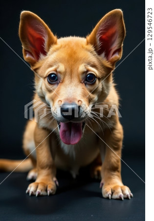 Cute puppy sitting with tongue out on black background 129546723