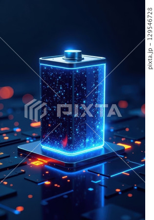 Glowing battery charging on futuristic circuit board in vertical orientation 129546728