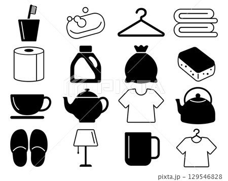 日用雑貨のアイコン16種セット　モノトーン 129546828