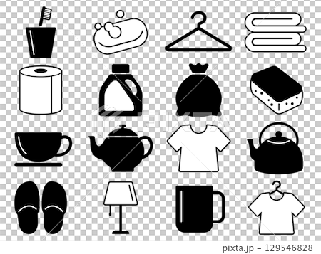 日用雑貨のアイコン16種セット　モノトーン 129546828