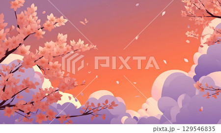 桜の花びら舞う夕焼け空の風景イラストレーション 129546835