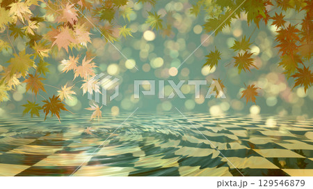 秋の紅葉と水面のリフレクションバブルボケ背景 129546879