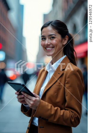Smiling businesswoman using digital tablet on city street Smiling businesswoman using digital tablet on city street 129546972