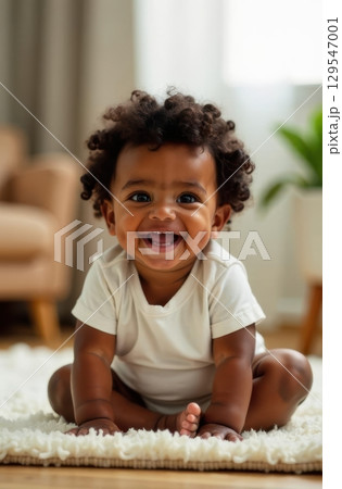 Happy baby sitting on carpet smiling and showing teeth 129547001