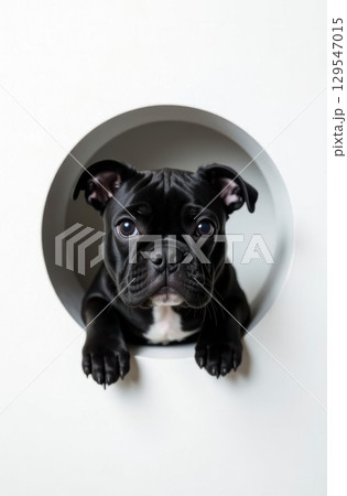 Cute black french bulldog puppy peeking through hole in white wall 129547015