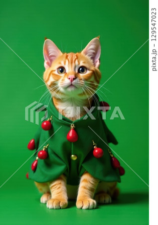 Ginger kitten wearing christmas tree costume on green background 129547023