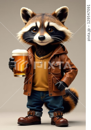 Stylish raccoon enjoying a cold beer in autumn outfit 129547091