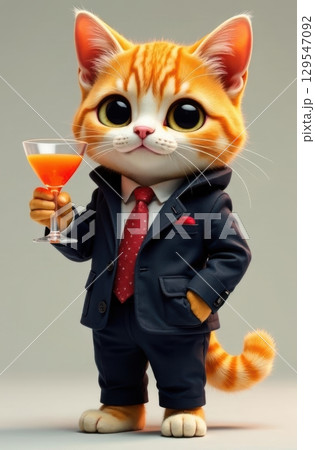 Ginger cat businessman holding cocktail glass wearing suit and tie 129547092