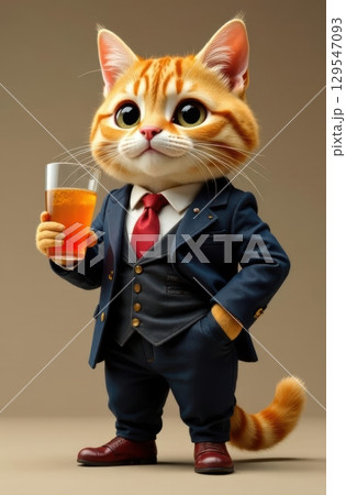 Ginger cat businessman holding a beer glass wearing suit and tie 129547093