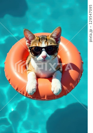 Cat wearing sunglasses relaxing in orange inflatable ring in swimming pool 129547095