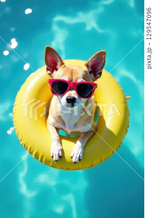 Chihuahua dog relaxing on inflatable ring in swimming pool wearing sunglasses 129547096