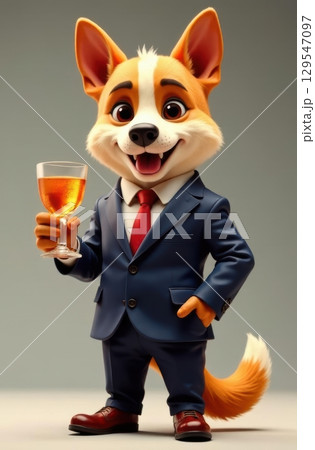 Corgi businessman holding wine celebrating success in vertical portrait 129547097
