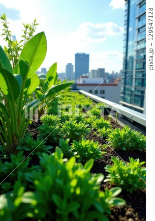 Green plants growing on a rooftop garden overlooking the city 129547128