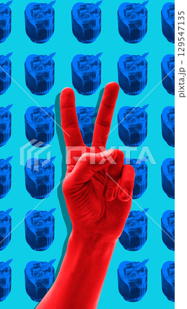 Modern composition. Red hand showing peace sign over repeating cocktail glass pattern 129547135