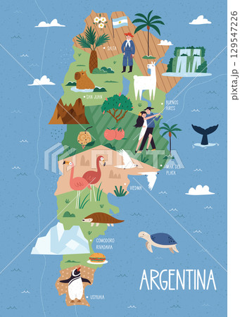 Colorful Illustrated Map of Argentina with Famous Animals, Plants, Landmarks, and Culture Elements Colorful Illustrated Map of Argentina with Famous Animals, Plants, Landmarks, and Culture Elements 129547226