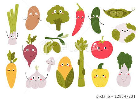 Cute Vegetables Clipart. Funny Cartoon Veggie Characters with Faces. Vector Illustrations 129547231