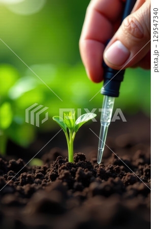 Scientist dropping liquid on small plant growing in fertile soil 129547340