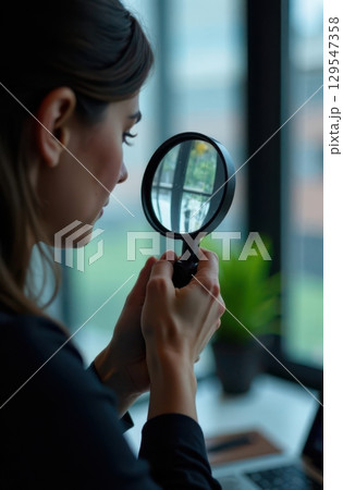Businesswoman observing through magnifying glass in office setting 129547358
