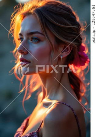 Blonde model posing during golden hour photoshoot, showing bare shoulder Blonde model posing during golden hour photoshoot, showing bare shoulder 129547361