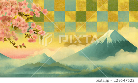富士山と桜の和風背景イラストレーション 富士山と桜の和風背景イラストレーション 129547522
