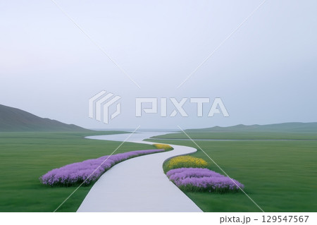 Long road with a yellow and purple flowerbed on the side Long road with a yellow and purple flowerbed on the side 129547567