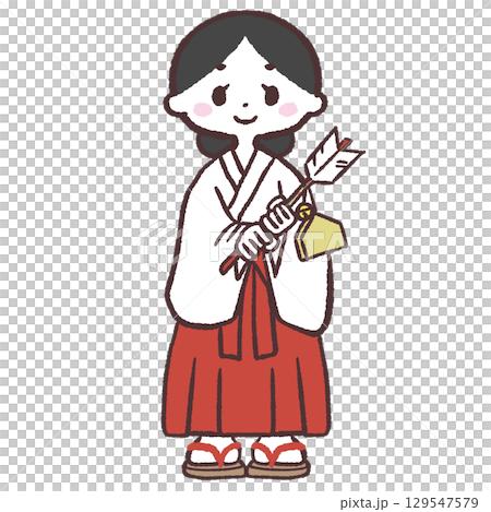 Illustration of a shrine maiden holding a hamaya arrow 129547579
