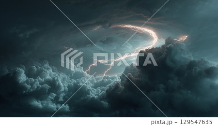 嵐の空、光る雷と雲の渦 129547635