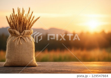 Bag of wheat is sitting on a wooden table in front of a beautiful sunset. 129547664