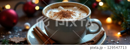 Christmas cappuccino with cinnamon and marshmallows creating festive atmosphere 129547713