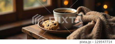 Steaming coffee and cookies creating cozy atmosphere by window 129547714