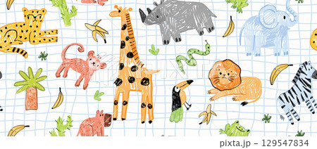 Animal kids seamless pattern, hand drawn childish doodle print, kindergarten naive scribble texture. Animal kids seamless pattern, hand drawn childish doodle print, kindergarten naive scribble texture. 129547834