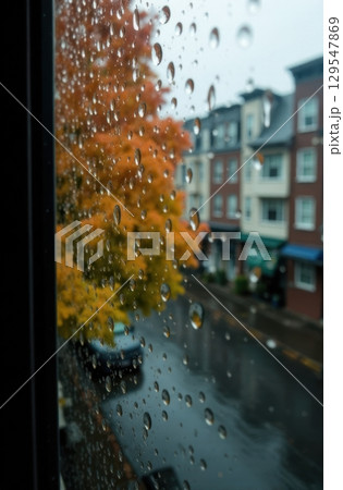 Raindrops sliding on window during a rainy autumn day in the city 129547869