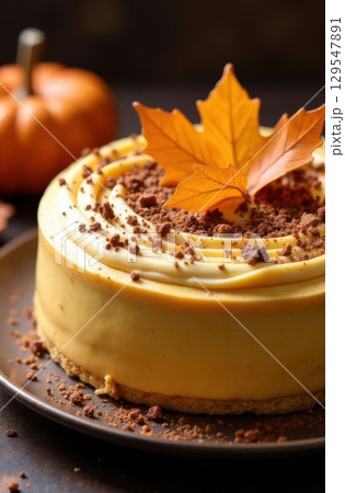 Delicious pumpkin cheesecake decorated with autumn leaves and crumbles 129547891