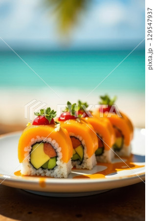 Mango uramaki sushi rolls with tropical beach background 129547937