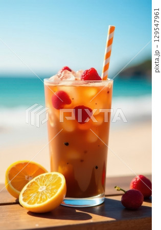 Refreshing iced tea with raspberries and orange on a sunny beach 129547961