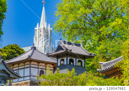 【長崎県平戸島】瑞雲寺越しに見る平戸ザビエル記念教会 【長崎県平戸島】瑞雲寺越しに見る平戸ザビエル記念教会 129547981