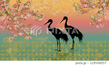 和風の桜と鶴のシルエット背景イラストレーション 129548057